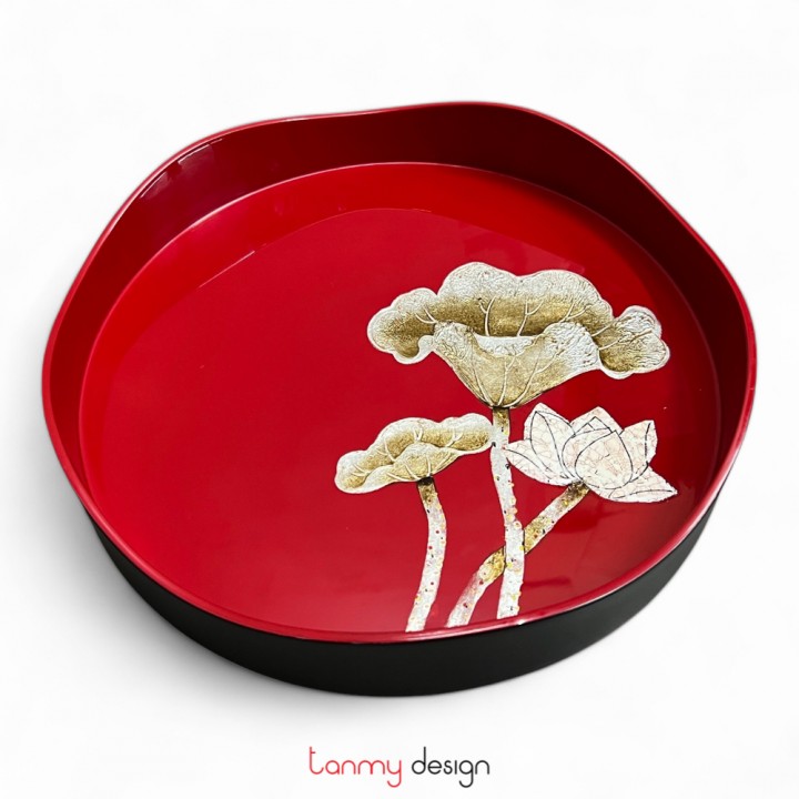 Red round lacquer tray, wavy rim hand-painted with lotus 27cm